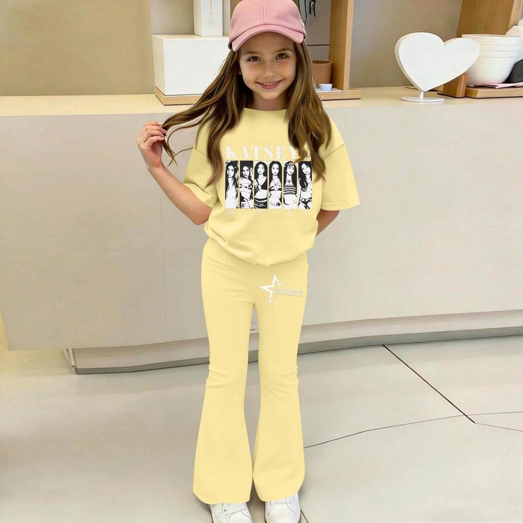 Kids Girls Casual Short Sleeve Printed Outfit Set for Play and Daily Wear