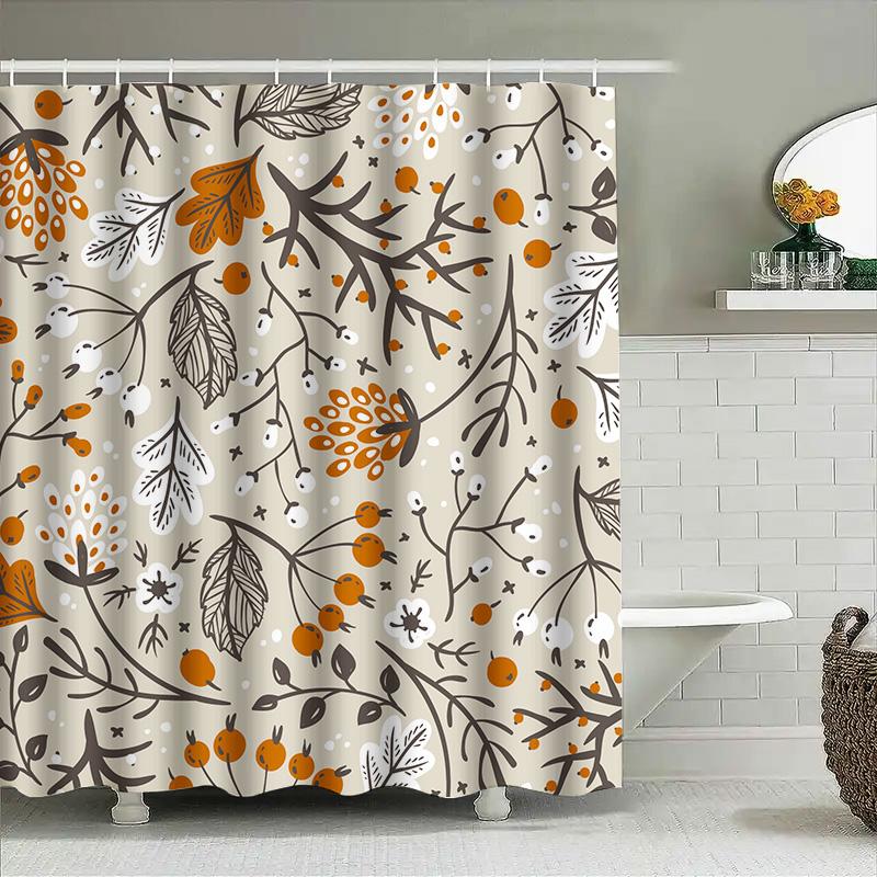 Natural Fall Leaves Shower Curtain Bathroom Decor, Autumn Style, Black White Floral Print Waterproof Fabric Decorative Liner for