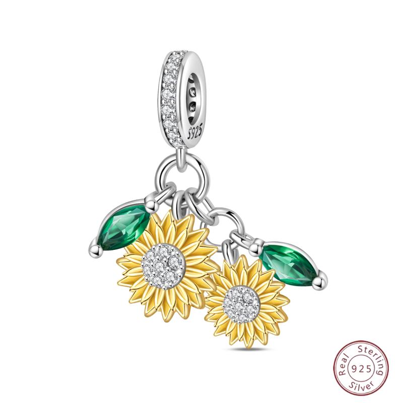 Copper Beaded Pendant Shiny Zirconia Sunflower Flower Original 3Mm Bracelet Women Fine Jewelry