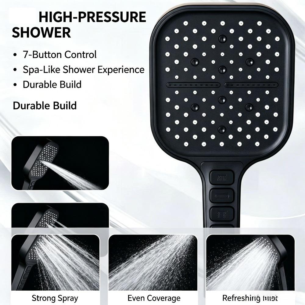 Large Panel Shower Head 7 Adjustable Modes High Pressure Boost One Click Shut Off with 1.5M Hose and Wall Bracket Set