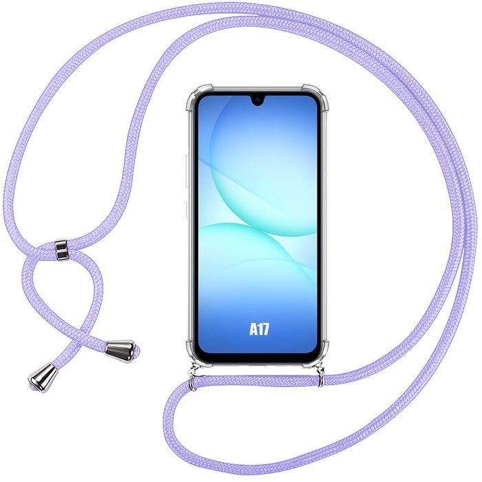 Hülle für Samsung Galaxy A17 4G/5G, Transparent Stoßfest Verstärkt mit Violettem Umhängeband