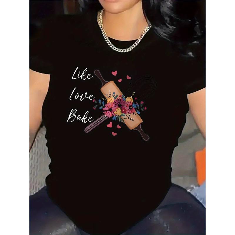 

Women s Floral & Rolling Pin Print Black & White Crew Neck Casual Tee for Baking Lovers 4XL чорний