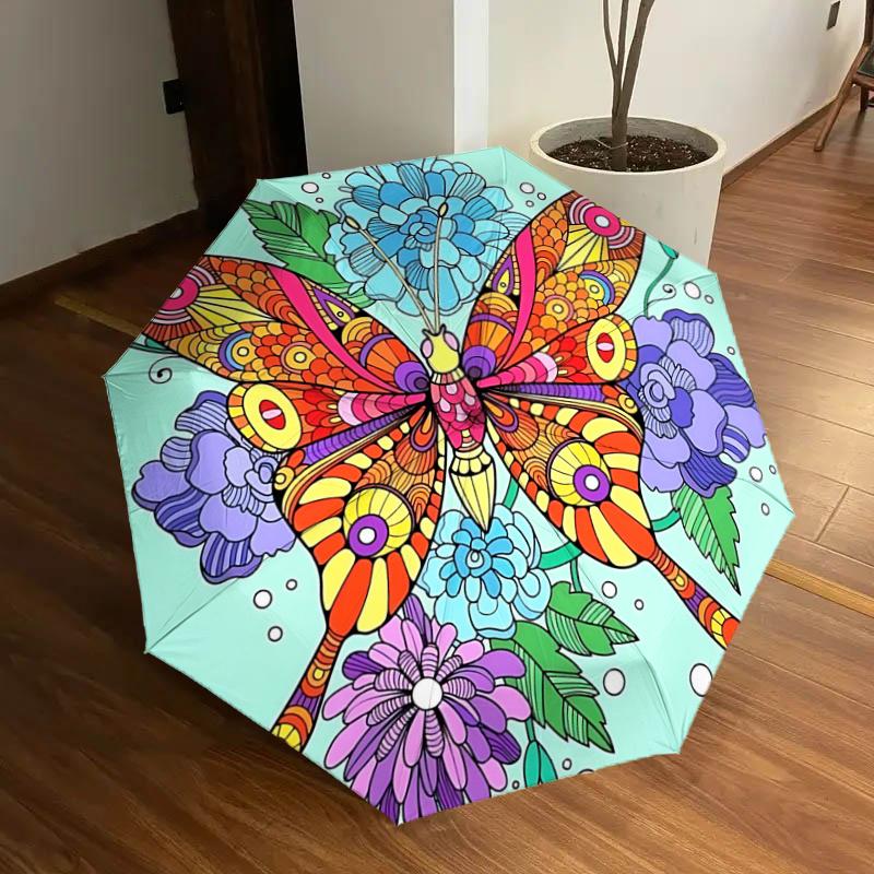 Colorful Butterfly & Flowers Mandala Coloring Page for Adults - Perfect Gift for Fans, Travelers, Everyday Use - Auto Open Close Umbrella De