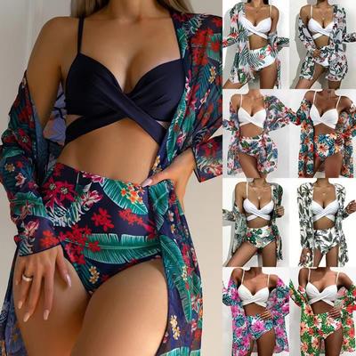 European and American Bikini Sexy Push Up Mesh Three-Piece Printed Split Swimsuit