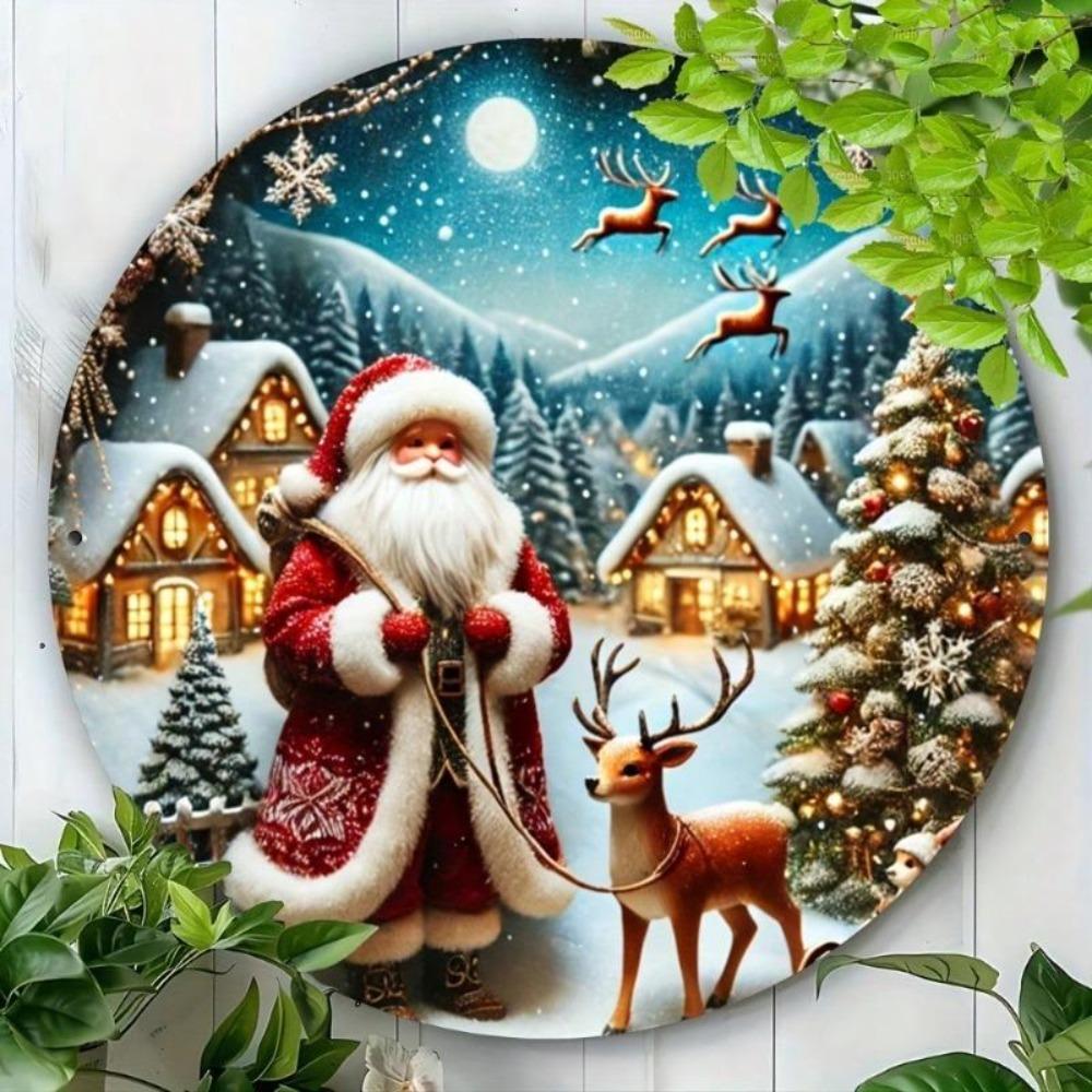 1pc Hand Painted Santa Claus Reindeer Village Snowy House Pine Metal Tin Wall Art Christmas Decor