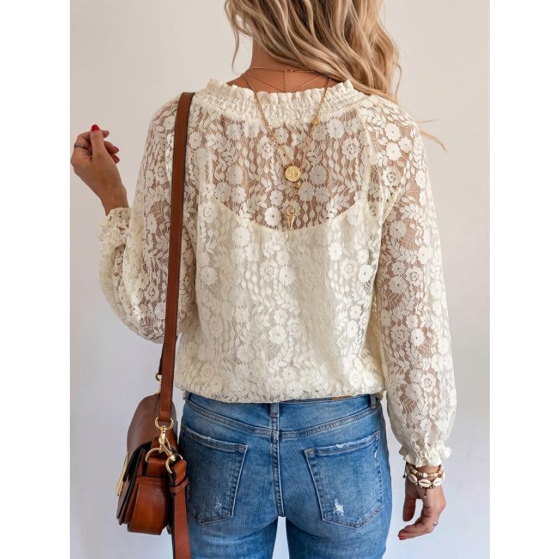 Loose Fit V Neck Long Sleeve Lace Solid Color Pullover Shirt
