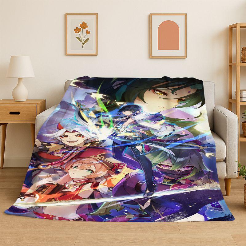 New Genshin Impact Cartoon Game Flannel Blanket Soft Warm Throw Blanket for Bedroom Living Room Bed Travel Camping Picnic Gift