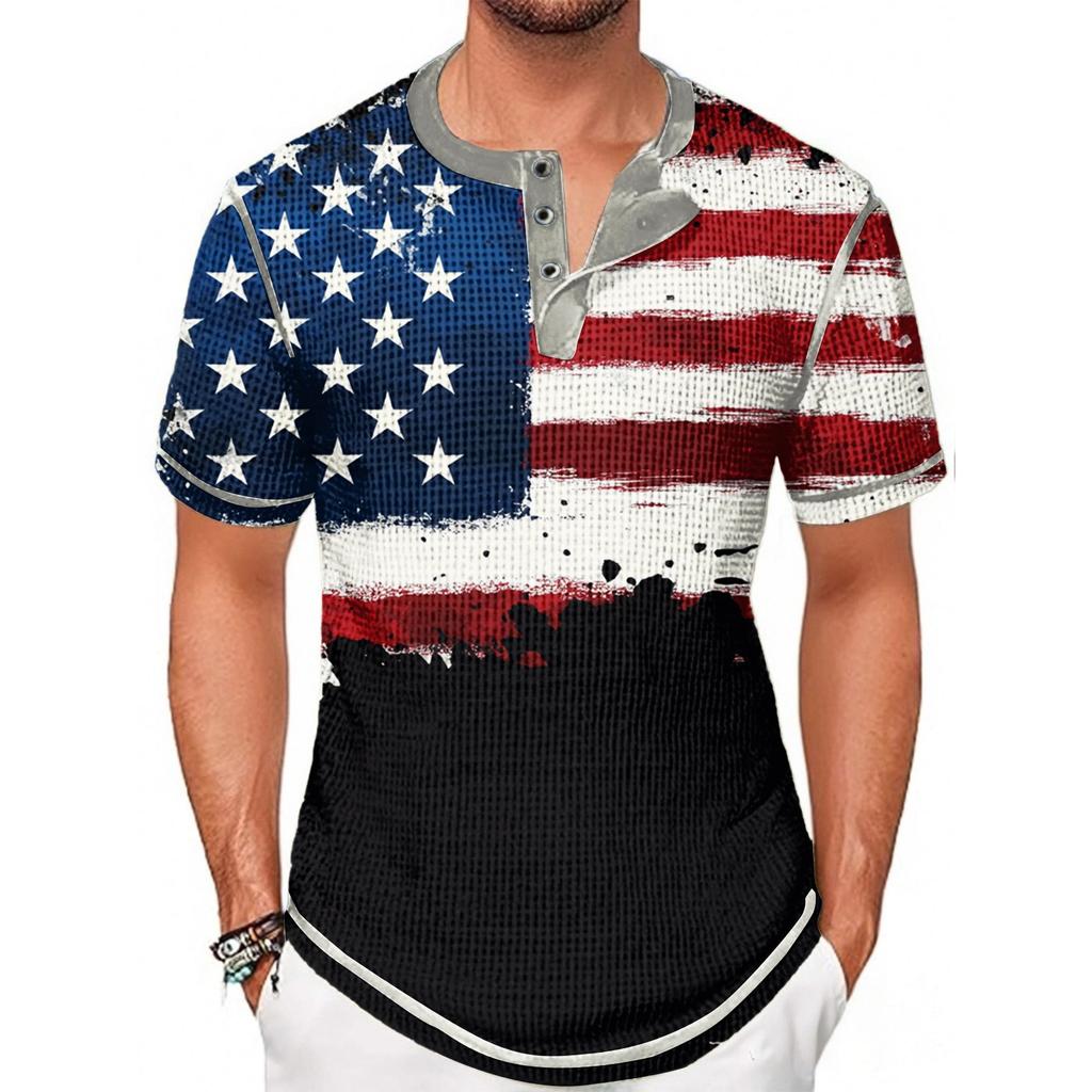 Summer Men's Stand-up Collar Short-sleeved T-shirt With Independence Day Print