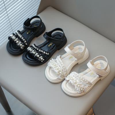 Girls Summer Sandals Chic for Wedding Party Pearls Beads Classic 2024 Princess New Kids Rubber Sandals Open Toes Soft Anti-skid