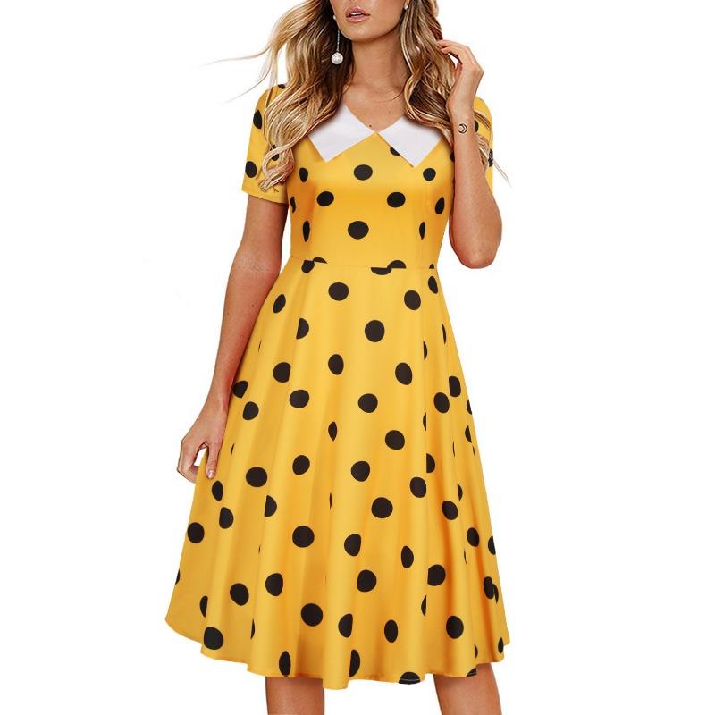 Summer Short Sleeve V-Neck Polka Dot Retro Dress Women's Large Swing Dress
