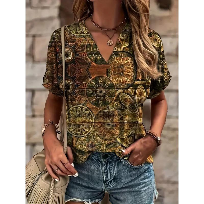 Fashionable Ethnic Style Short Sleeved V-neck Women's T-shirts