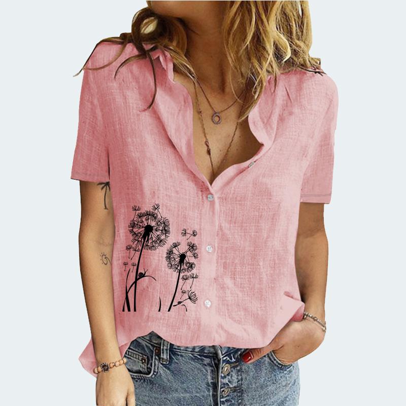 

Женская модная футболка с коротким рукавом с принтом, летняя и осенняя, повседневная блузка с отворотом, принт, хлопковая льняная футболка 5XL розовый