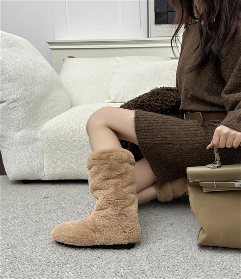 Winter Mao Mao Piled Boots 2025 Autumn New European and American Style Round Head Thick Heel High Heel Long Women's Boots