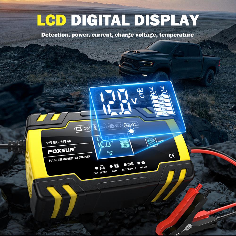 12V/8A 24V/4A Full Automatic Car Battery Charger Pulse Repair FOXSUR Car Motor Truck AGM Lead-acid LCD Display Automatic Battery Charging FBC122408D