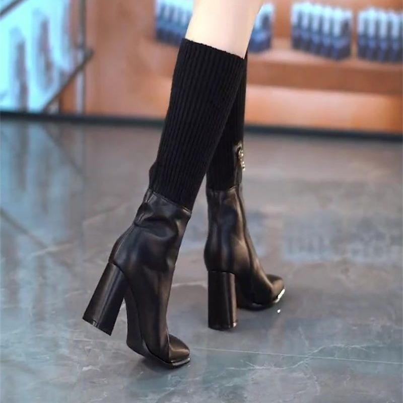 Fashion Autumn Winter Elegant Heeled Square Toe Ladies Sock Knee High Shaft Shoes Designer Luxury Chic Comfortable Women's Long Boots