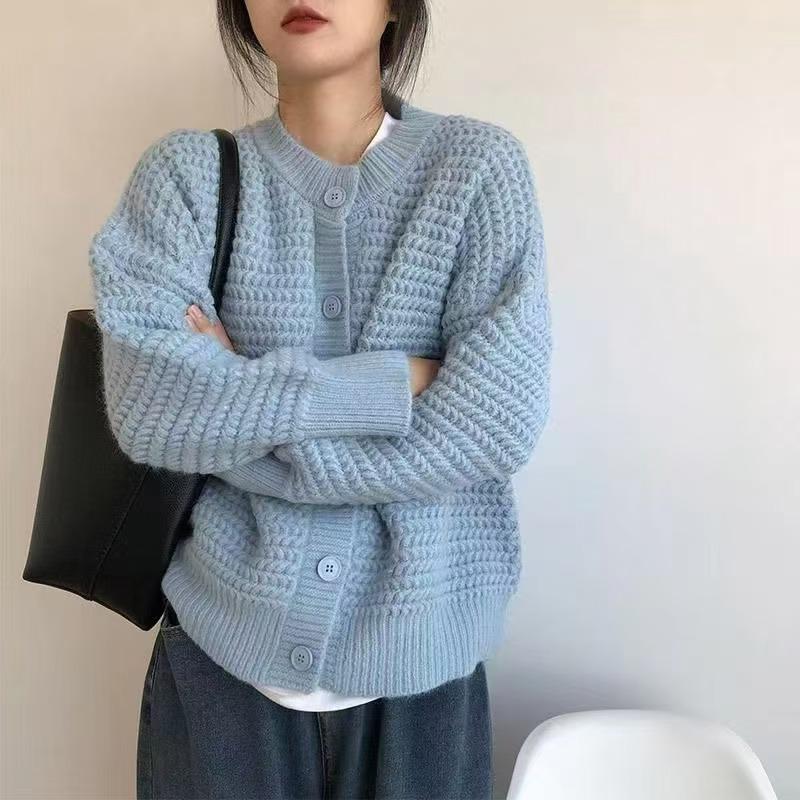 

Весенне-осенняя новая куртка-свитер женская свободного ленивого стиля для ранней осени, универсального дизайна, вязаный кардиган average size 53-202 синий