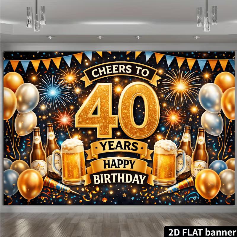 2D Happy 40th Birthday Photography Backdrop Beer Fireworks Party Photo Booth Banner