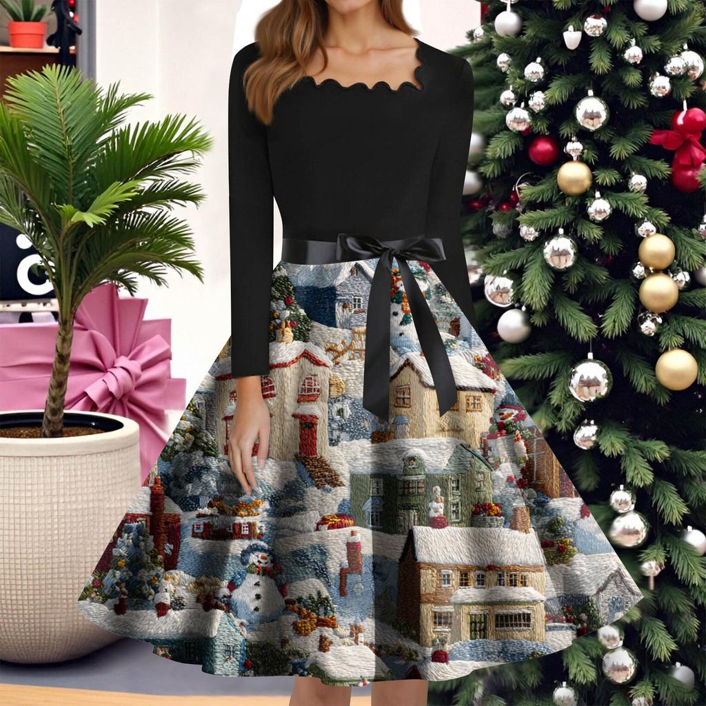 Dámské módní neformální štíhlé vánoční potištěné šaty s dlouhým rukávem s kulatým výstřihem