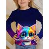 Spring and Autumn Round Neck 3D Cartoon Cat Printed Top Fashionable Casual Long Sleeved Children's Girl T-shirts