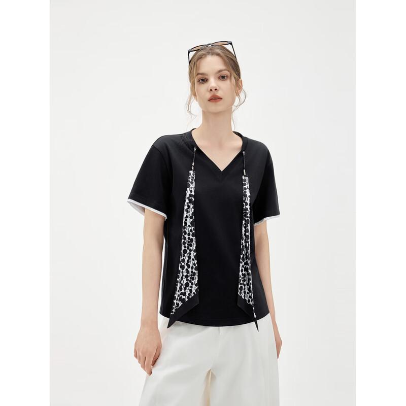 

ELLE French Design V-Neck Short Sleeve T-Shirt with Scarf Detail L
