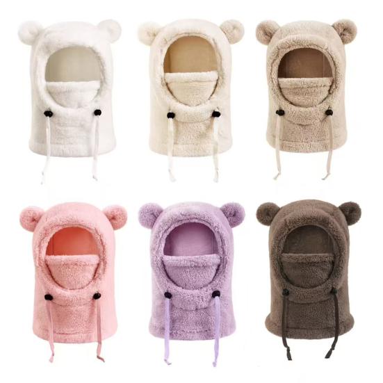 Yousheng Kinder-Skimütze, einfarbig, mit Bärenohren-Dekor, 3-in-1-Gesichtsschutz, Schal, Kopfbedeckung, winddichte Fleece-Kopfbedeckung für kaltes Wetter mit verstellbaren Kordeln