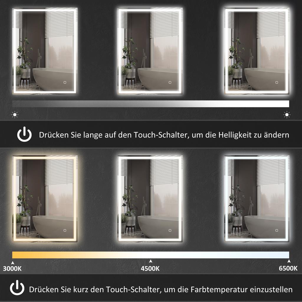 90 x 70cm LED Badkamerspiegel met Verlichting, Dimbaar Make-upspiegel, Kaptafelspiegel met 3 Kleuren, Slimme Touch, Anti-Mist