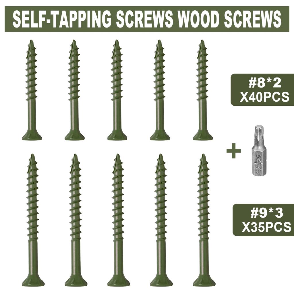 75 Pieces Green Screws, Self Tapping Screws Wood Screws, Countersunk Smooth Shank, #9*3/#8*2 Home Improvement Best Choice