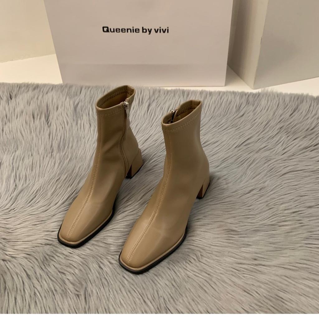 White High Heel Square Head Skinny French Small Leather Boots Women's Shoes 2024 New Spring and Autumn Single Boots Brown Martin Boots