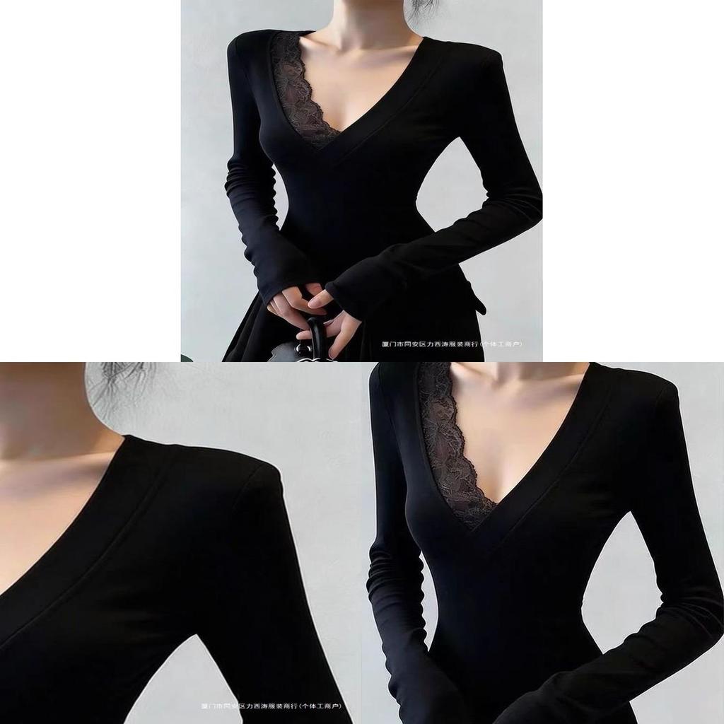 Plain Black Top With Lace Splicing V Neck For Spring Casual Wear