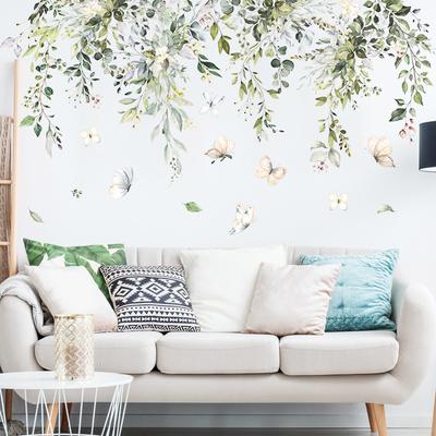 Green Plants Flower Branches Wall Sticker Living Room Sofa Background Decoration Decals Home Decor Self Adhesive Wallpaper