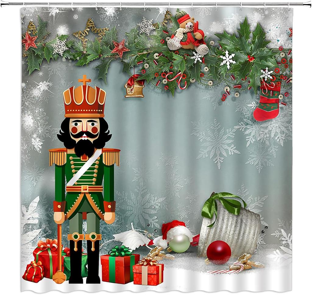 Funny Nutcracker Christmas Shower Curtain with Green Pine Twig Snowflake Pattern,  Winter Holiday Bathroom Decor for Festival