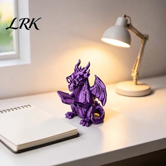 Reading Room Decorations 3D Printed Dragon Figurine, Cute Statue with Glasses Creative Desk Accessories Book, Fantasy Desktop Bookshelf Decor,