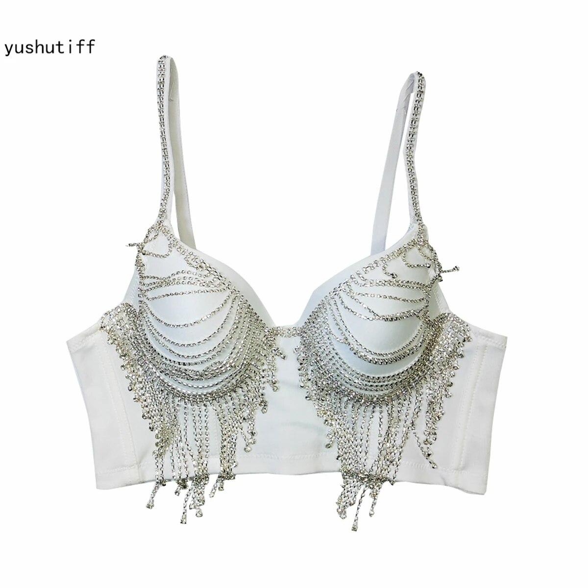 

Укороченный топ yushutiff со стразами, корсет, бюстгальтер Rave Festival, бюстье, женская летняя вечеринка, одежда без рукавов