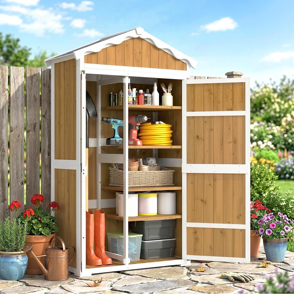 Wooden Garden Shed 105x55x179 Cm Tool Cabinet With 4 Shelves Galvanized Metal Roof Natural