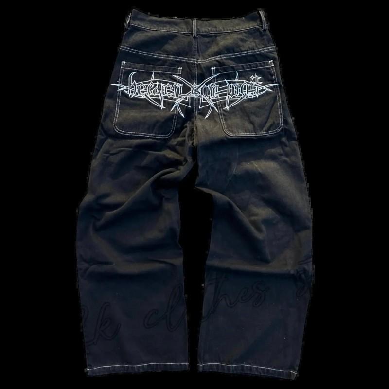 Y2K Hip Hop Wide Leg Jeans Men Women - Loose Fit Black Denim Pants With Cartoon Print Mid-Rise Straight Cut