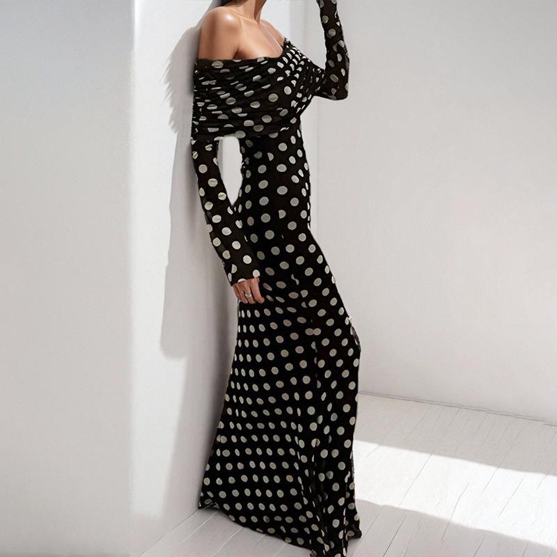 Women's 2026 Spring Retro Polka Dot One-Shoulder Dress
