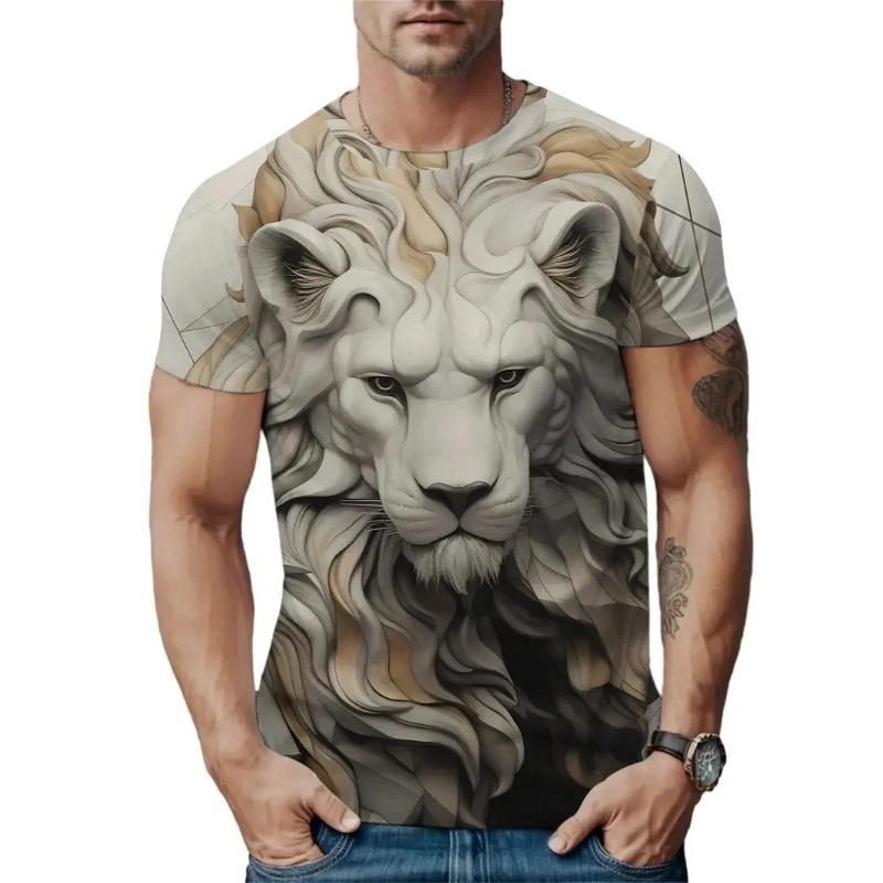 Summer Round Neck Animal Lion Pattern 3D Print Top Fashionable Casual Short Sleeved Men's T-shirts