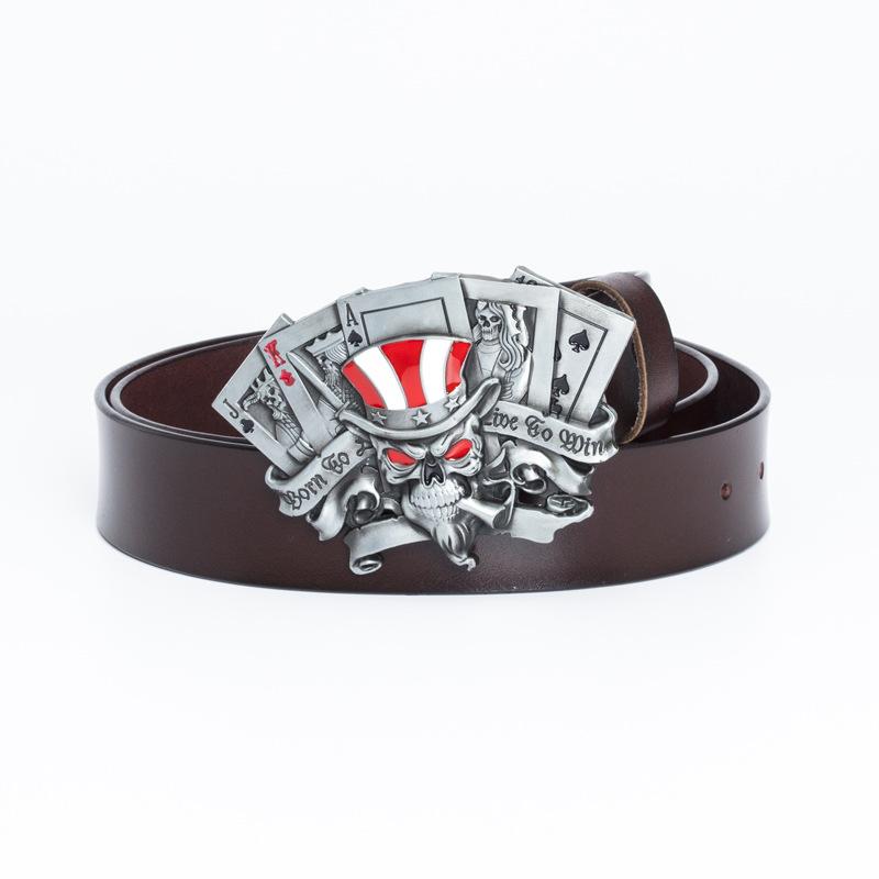 

Ремень из сплава с черепом и серебряной пряжкой в виде игральной карты с пуговицами, модный молодежный ремень 130cm