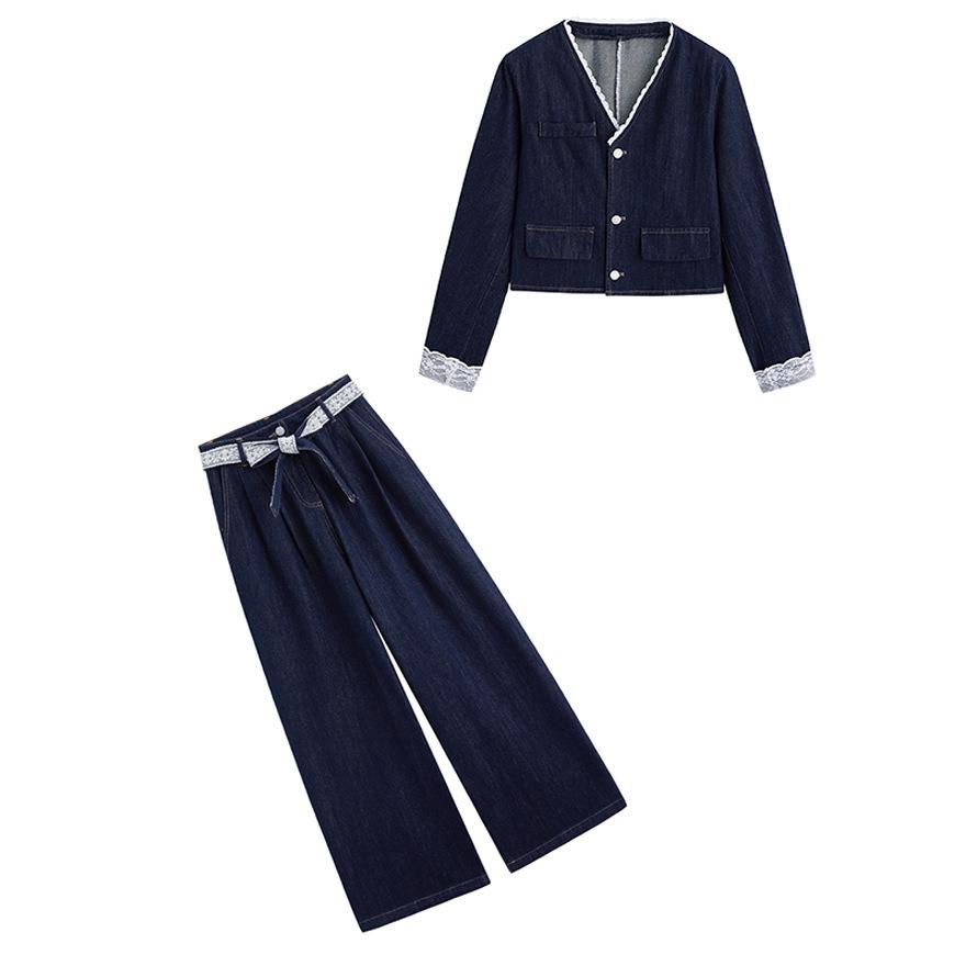 Denim suit women's spring and autumn new fashionable temperament design sense temperament fried street wide-leg pants two-piece set