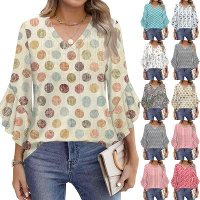 Blouses For Women Dressy Casual 3/4 Length Sleeve Womens Tops V Neck Tshirts Shirts With Flared Sleeve