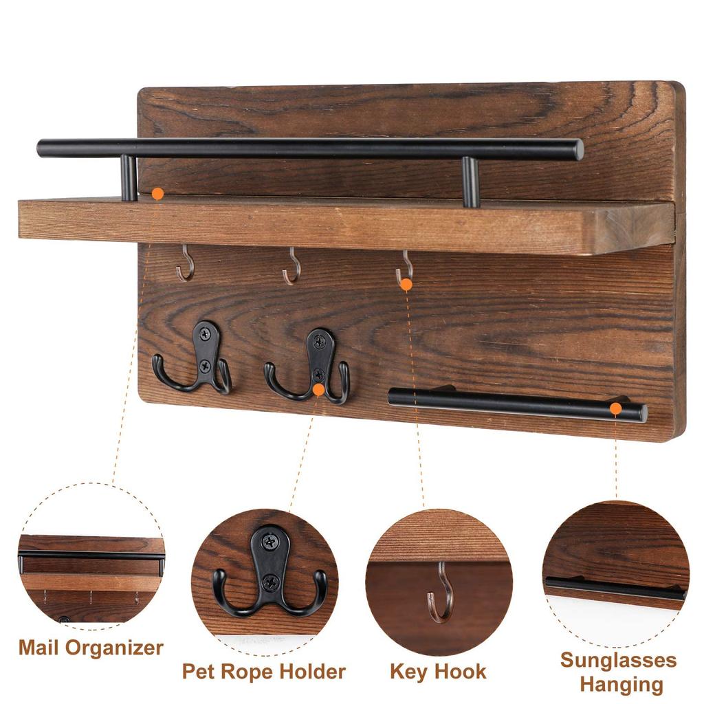 Soporte de Madera para Llaves y Correo para Pared Decorativo con 5 Ganchos para Llaves Organizador de Correo de Pared con Estante Colgador de Llaves para Decoración del Hogar