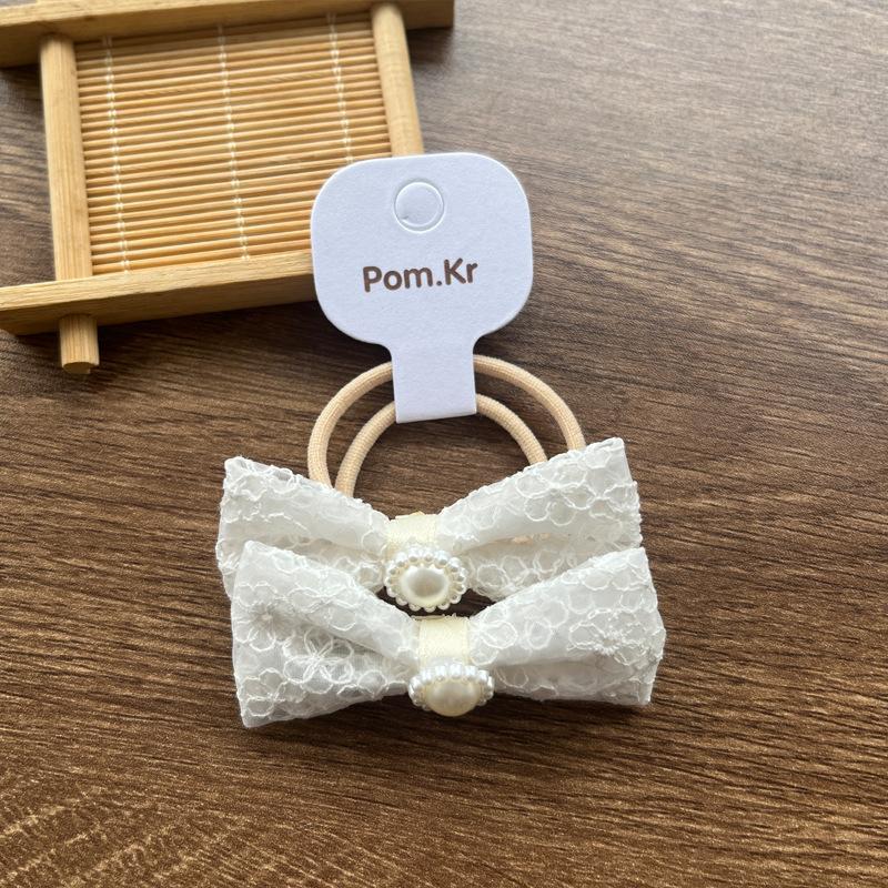 2pcs/set Beige Color Cute Lace Bow Hair Ties for Girls Fashionable Stretch Versatile Kids Ponytail Holders with Floral Lace Trim