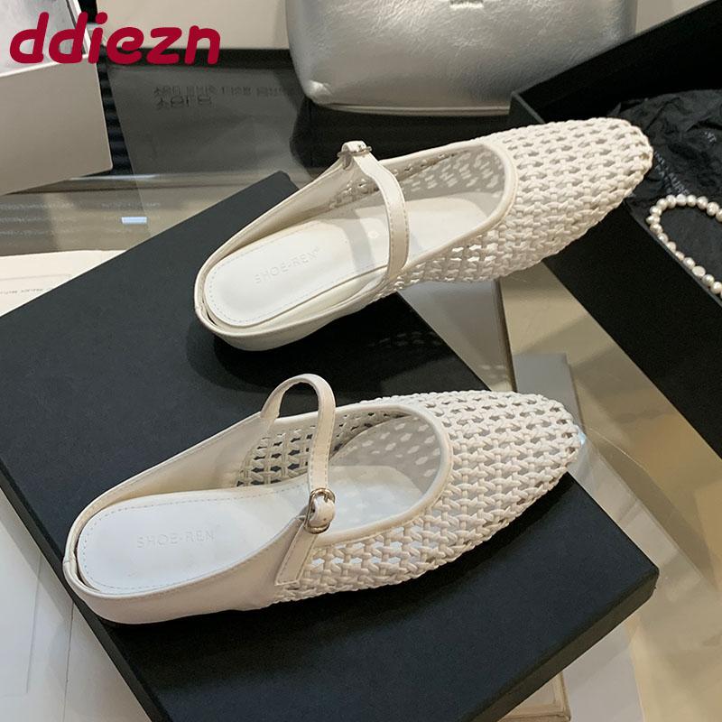 Fashion Fashion Weave Ladies Flats Mary Janes Shoes Summer Spring Casual Female Buckle Footwear Women Flats Slides Shoes Mules