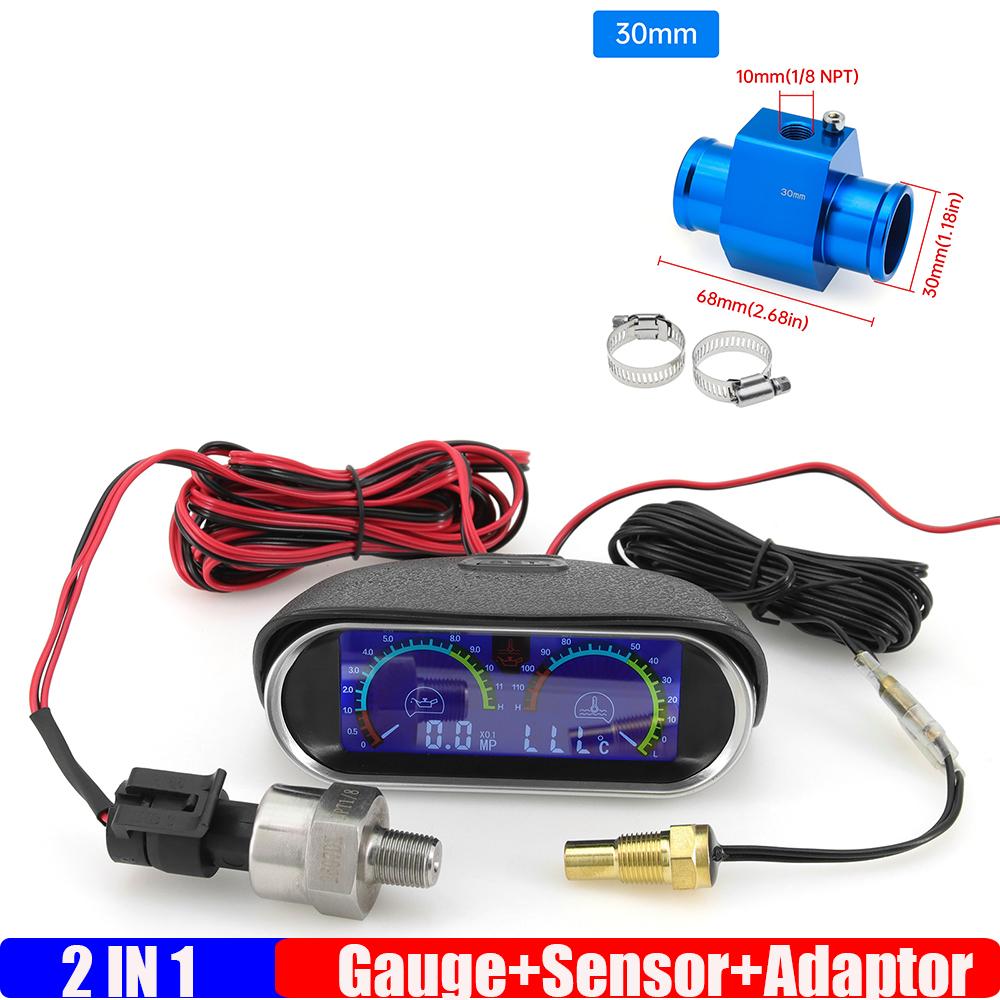 ZMFJH 2IN1 Digital Water Temperature+Oil Pressure Meter with Sensor 10mm Temp Joint Pipe Sensor Hose Adapter for Car Truck 9-32V