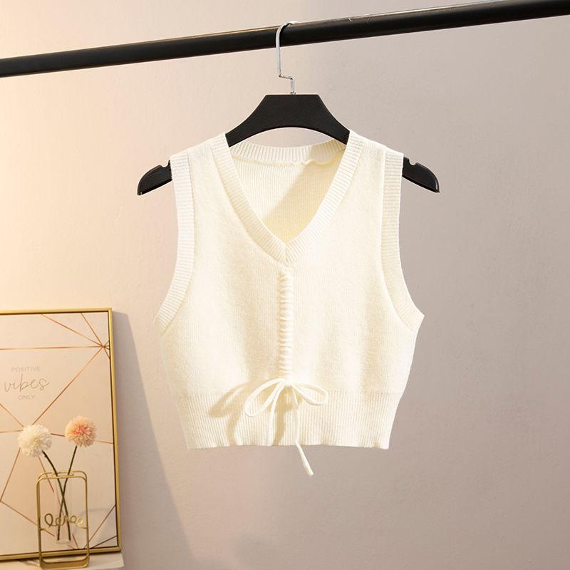 

Короткий топ с V-образным вырезом на весну и осень, однотонный свитер-жилет на шнурке XL