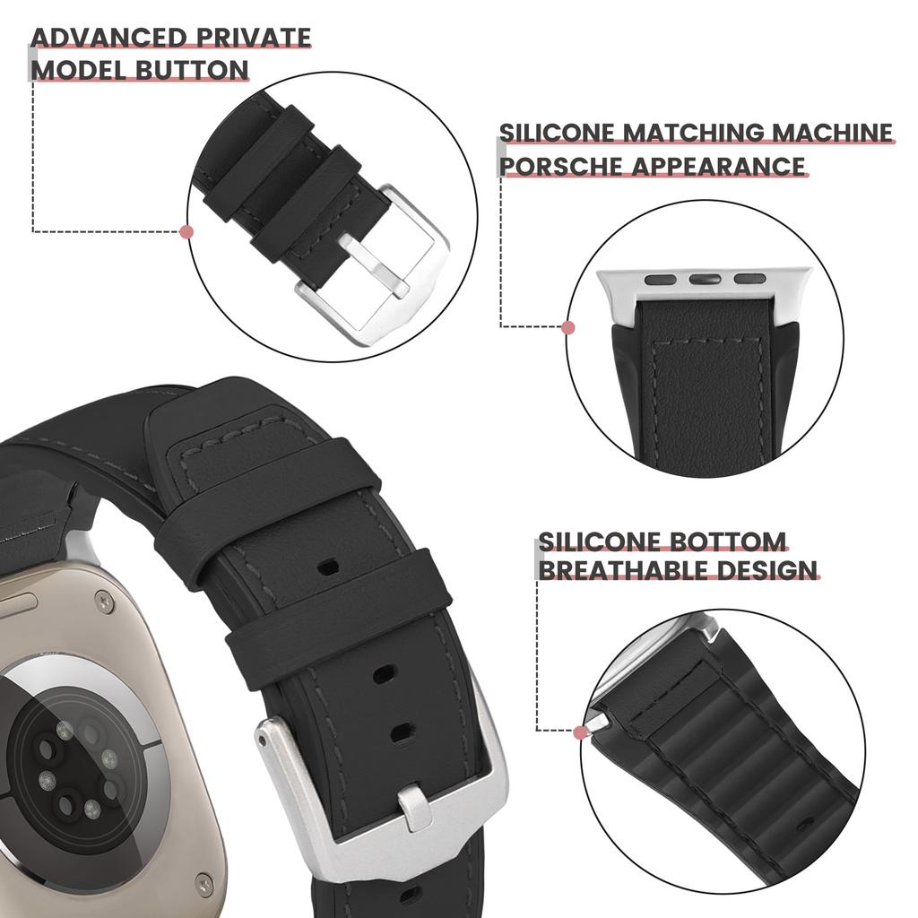 Wrist Strap for Apple Watch Series 10 Ultra 9 8 7 SE 6 5 4 3 2 1 46mm 49mm 45mm 44mm 42mm Silicone+Leather Covered Watch Band