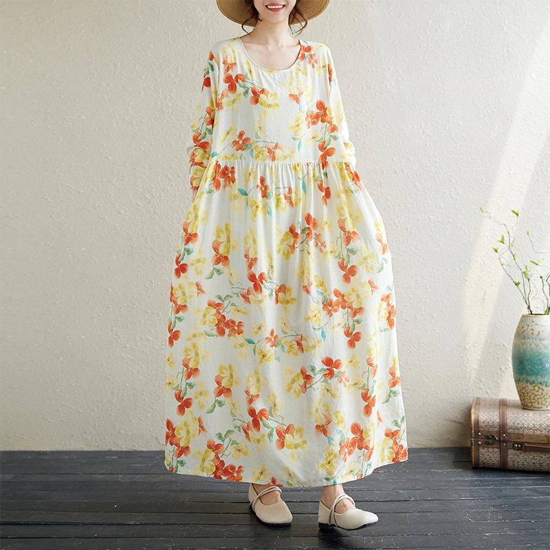 

Осеннее художественное ретро-принтовое свободное утягивающее платье с длинными рукавами и средней длиной для женщин 3XL