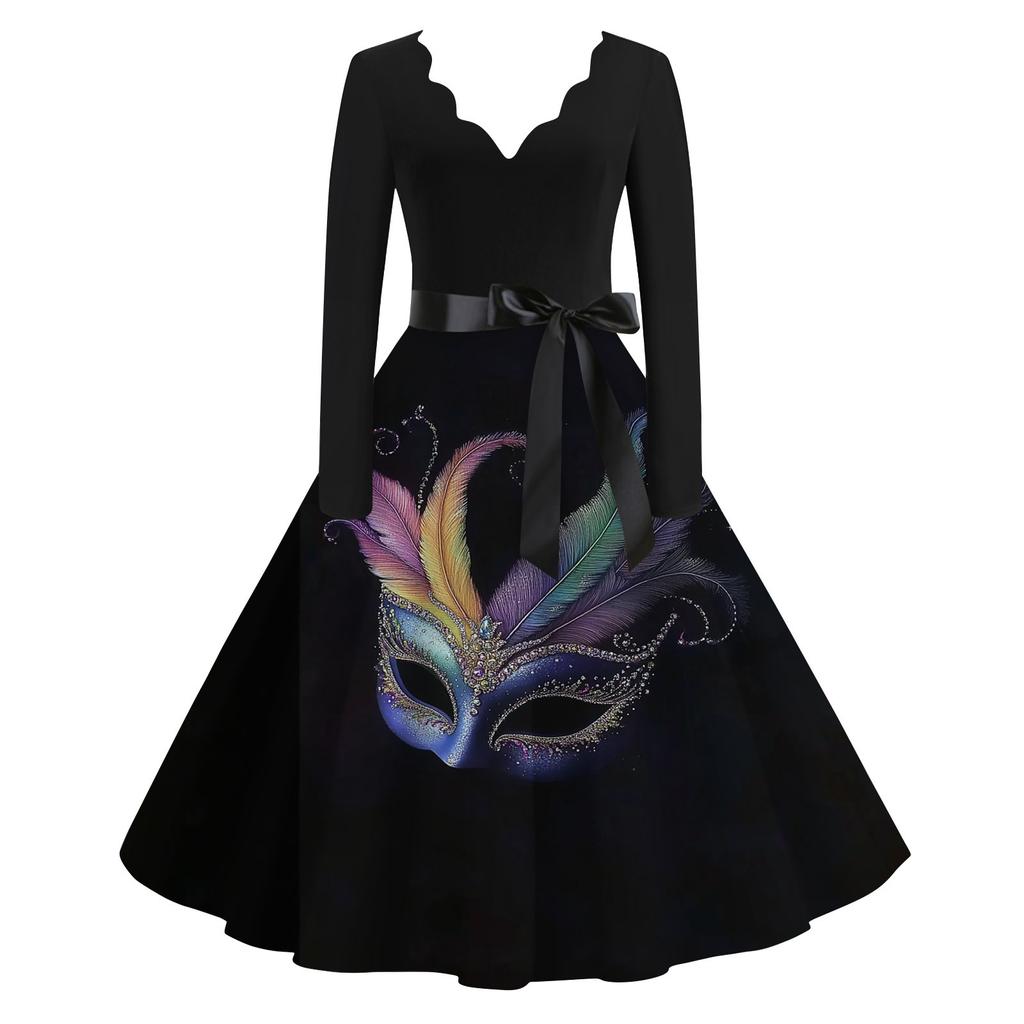Women's Casual Fashion V-Neck Long Sleeve Carnival Print Vintage  Dress