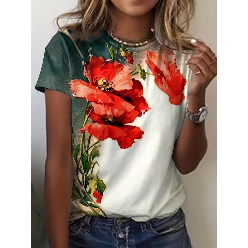 Women's Summer Round Neck Temperament T-shirt Breathable Short-sleeved Retro Floral Pattern Top Loose Casual Wear Ladies 3d T-shirt