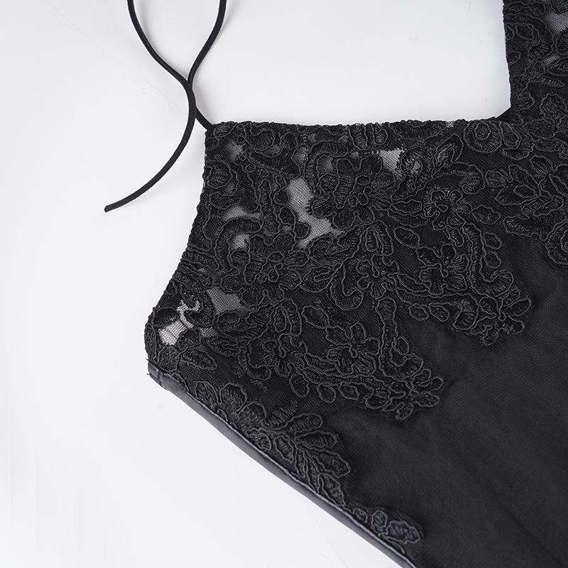 Sexy Lace Patchwork Spaghetti Strap Halter Dress - European & American Style, Slimming, See-through, Pure Color, Short Party Dress.